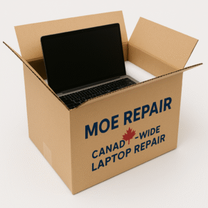 Laptop inside shipping box with Moe Repair Canada-wide laptop repair branding – supporting national FAQ services. Laptop inside shipping box with Moe Repair Canada-wide laptop repair branding – supporting national FAQ services.