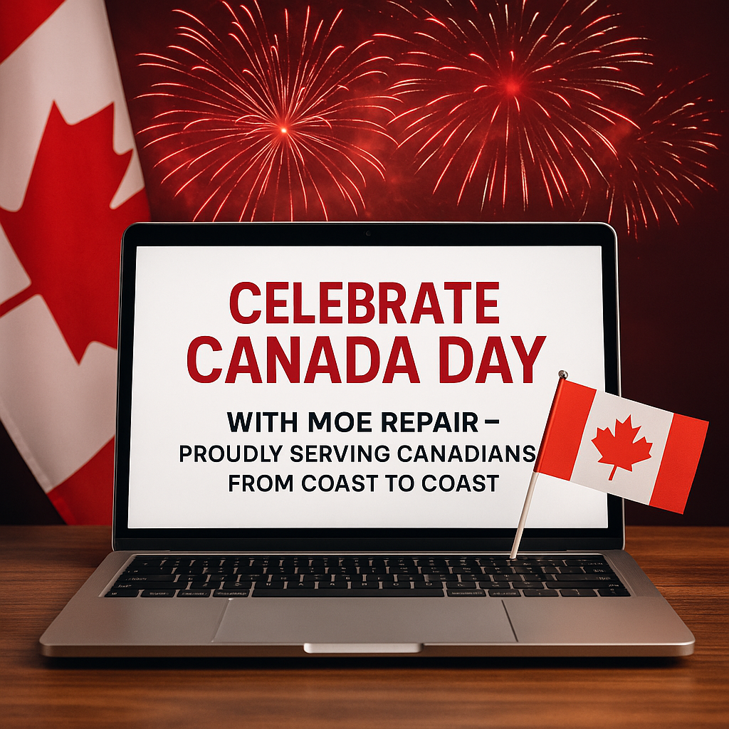 Canada Day laptop repair promotion by Moe Repair featuring fireworks, a Canadian flag, and a laptop with a celebratory message