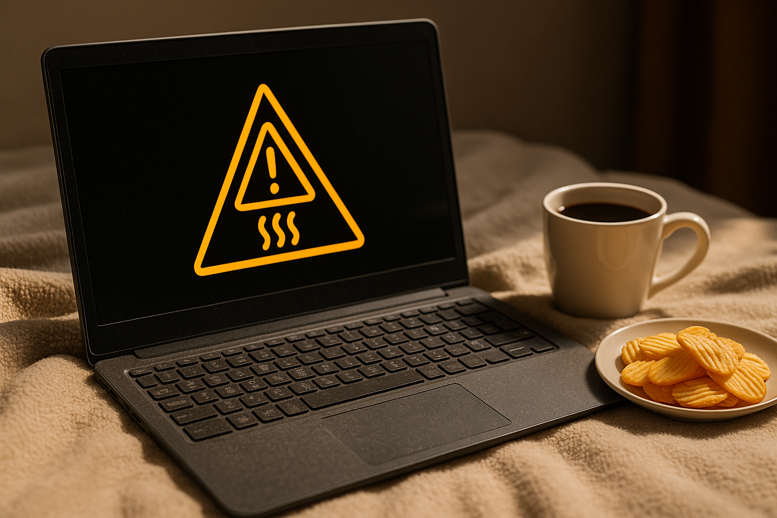 Overheating laptop on a blanket next to coffee and chips, symbolizing poor usage habits that reduce device lifespan.