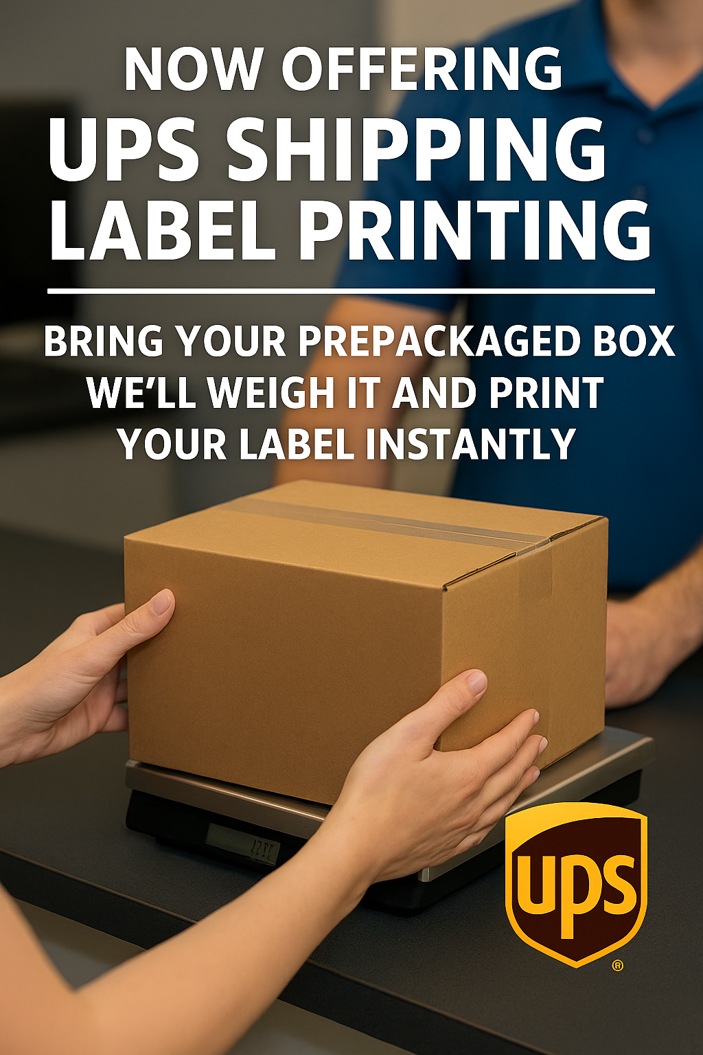 Customer handing over prepackaged box for UPS shipping label printing