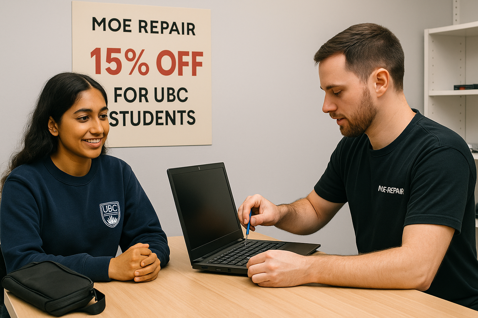 UBC student getting laptop repaired at Moe Repair – 15% discount on repairs