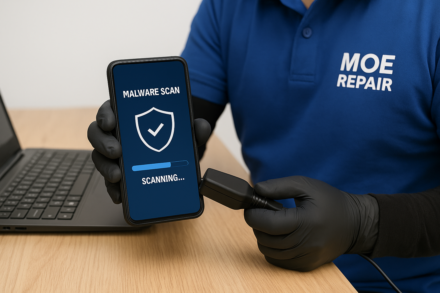 Technician scanning a smartphone for malware at Moe Repair