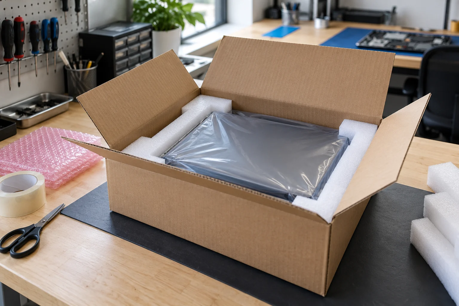 Laptop protected in anti-static packaging for mail-in repair
