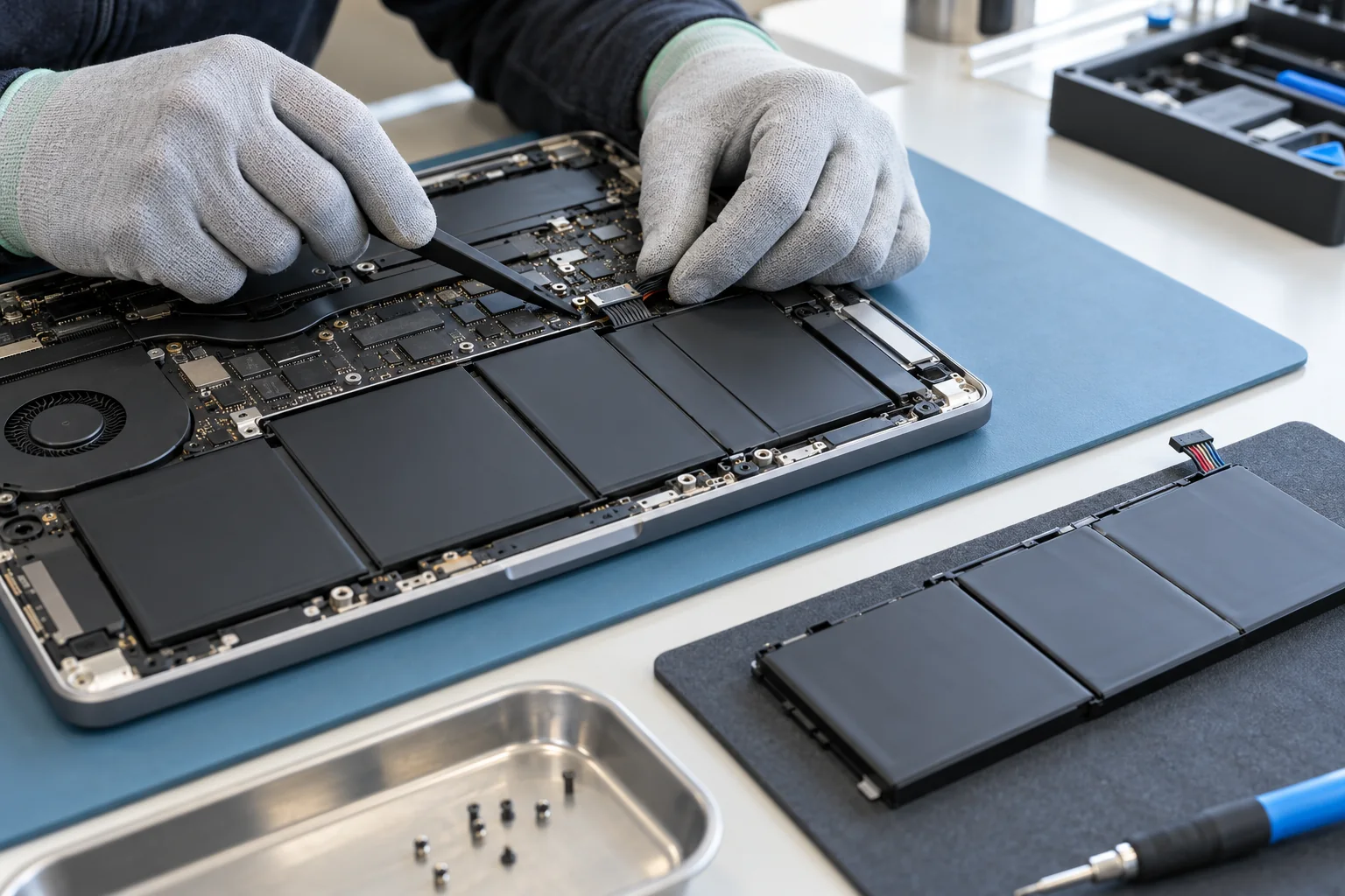 Internal laptop battery replacement on an ESD-safe repair bench