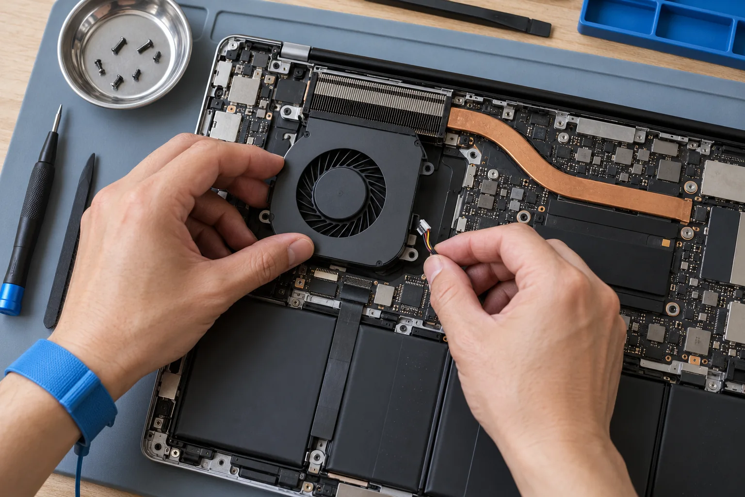 Cooling fan being replaced beside the heat pipe in an open laptop