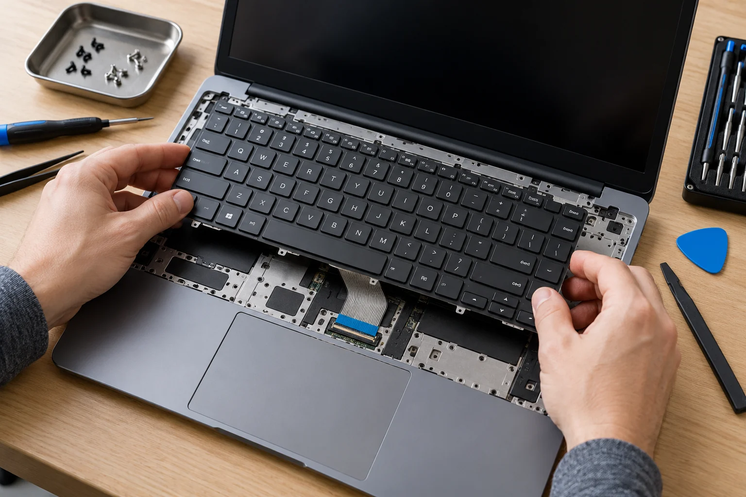 Close-up of a laptop keyboard assembly being replaced