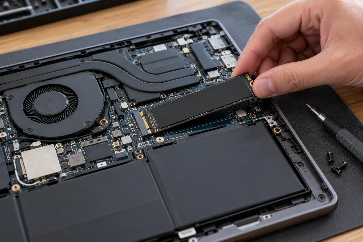 Close-up of an M.2 SSD being installed in a laptop