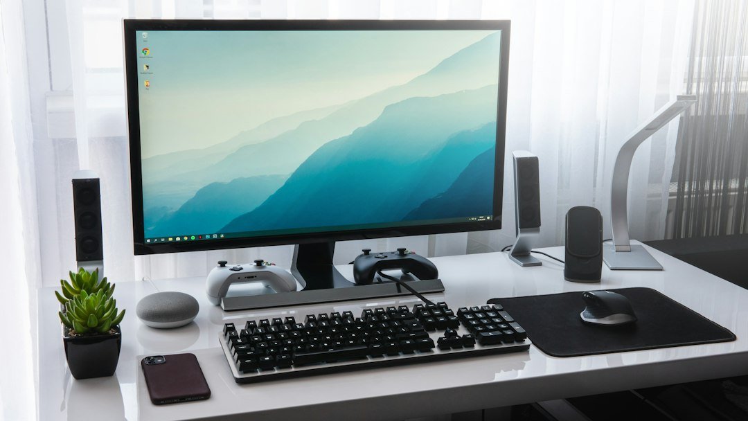 Desktop monitor and keyboard in a home workspace